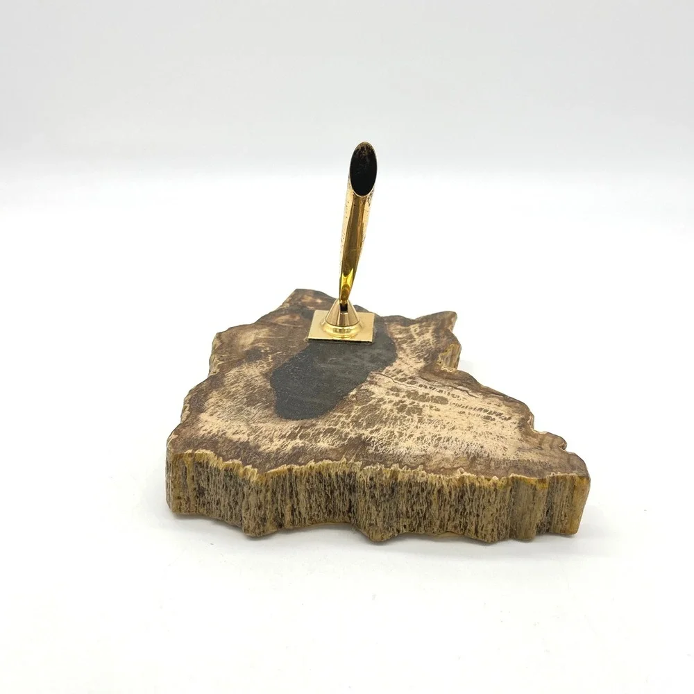 Vintage Petrified Wood Pen Holder with Gold Tone‎ Nib Holder Desk Accessory